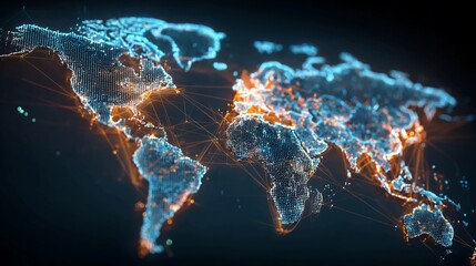 Stunning digital world map with glowing connections and bright city lights representing global network and data flow, perfect for technology and business presentations