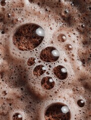 Close-up view of chocolate milk bubbles creating a frothy texture