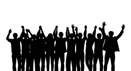 Dynamic silhouette of a diverse crowd raising hands enthusiastically, symbolizing collective success, triumph, and powerful unity