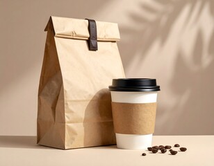 Brown Paper Coffee Bag and Cup on Beige Background.