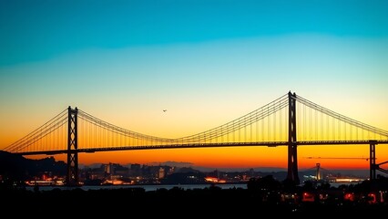 Obraz premium Silhouetted suspension bridge at dusk with city lights