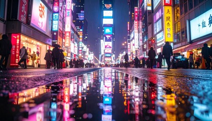 Vibrant City Street at Night with Neon Lights and Wet Pavement Reflections