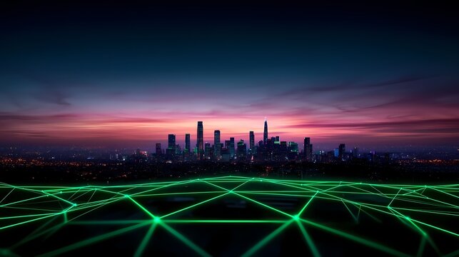An evening cityscape is displayed beneath a twilight sky, with a futuristic green network overlaying a dark foreground, suggesting interconnectedness and technological advancement.