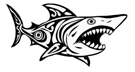 Fototapeta premium A colorful cartoon shark vector illustration isolated on white with a blue ocean background is a fun fishing animal icon