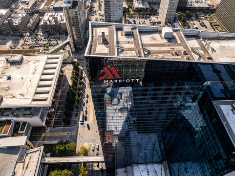 Marriott Marquis Hotel in Downtown Chicago Skyline Aerial View&rdquo; 2025  A stunning aerial view of the Marriott Marquis Hotel in Downtown Chicago, capturing its modern architecture against the dynamic 