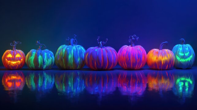 colorful halloween pumpkin lanterns glowing within the dark with neon lighting fixtures on a dark blue background