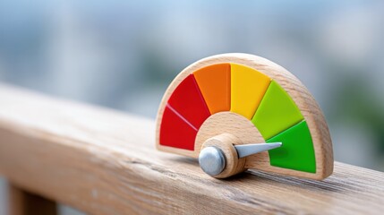 Credit Score Meter: Close-up shot of a wooden credit score meter indicating a good financial standing. This image evokes feelings of financial stability and responsible credit management.