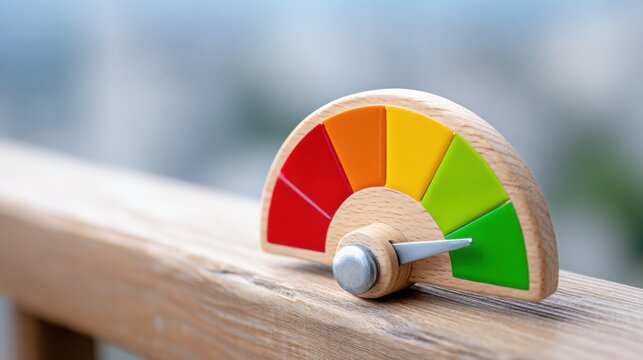 Credit Score Meter: Close-up shot of a wooden credit score meter indicating a good financial standing. This image evokes feelings of financial stability and responsible credit management.