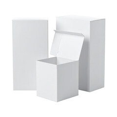 Three plain white cardboard boxes of varying sizes are displayed against a stark black backdrop, with one box open to reveal its interior.