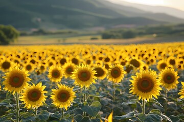 Obraz premium Golden Sunflower Field at Sunset Serene Nature Scene with Warm Lighting and a Blurred Hillside Background