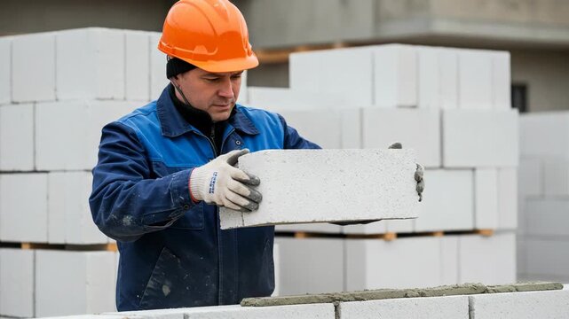 Construction worker laying aerated concrete blocks on a building site
