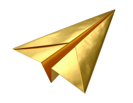 3D gold paper airplane transparent background - Powered by Adobe