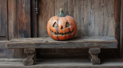 spooky halloween pumpkin jack o lantern with an evil face and eyes on a rustic wooden benchhalloween pumpkin on rustic wooden background