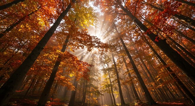Dramatic sun rays piercing through vibrant autumn forest canopy, showcasing colorful fall foliage and majestic trees - Powered by Adobe