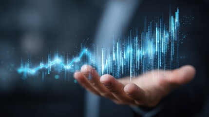businessman holding digital financial chart and growth analytics in hand futuristic data interface concept