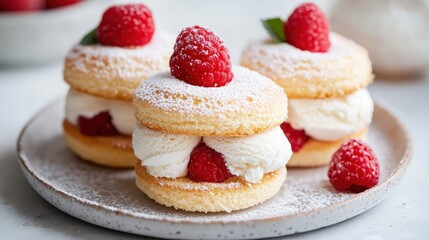 Three victoria sponge cakes with raspberries