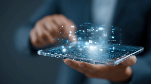 Hands holding a transparent tablet displaying glowing digital network data, symbolizing innovation, connectivity, and future technology in a modern business context.