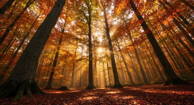 Enchanting autumn forest bathed in golden sun rays, showcasing vibrant fall colors and tall tree trunks