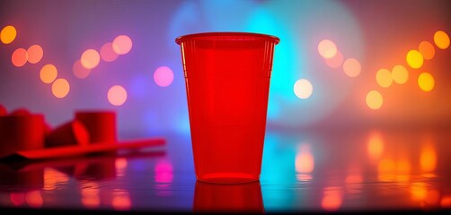 A bright red plastic party cup, slightly translucent, solo cup, red plastic