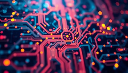 Abstract blurred image of complex electronic circuitry, glowing nodes and lines,  graphic,  high tech
