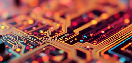 Abstract blurred image of glowing electronic circuit board,  connection,  technology