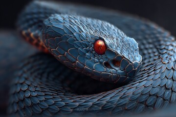 Fototapeta premium Intense gaze of a snake with striking red eyes coiled and ready to strike, a mesmerizing and dangerous predator, animal closeup, reptile macro view