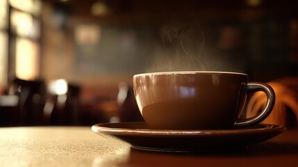 Obraz premium pause. A close-up view of a coffee cup with steam rising, set against a blurred, cozy backdrop. bar promotions, beverage menus, designed for food & beverage menus and cafe branding.