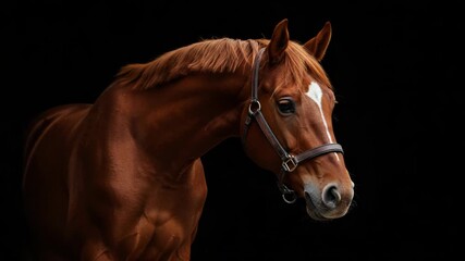 Chestnut horse with a white blaze on its face against a black background - Powered by Adobe