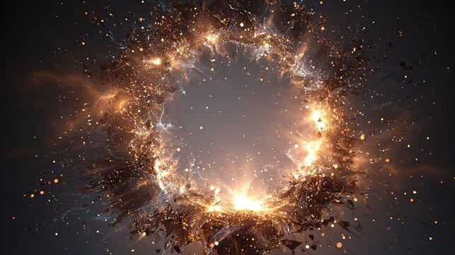 Intense, glowing, celestial explosion in space, forming a circular void with golden energy
