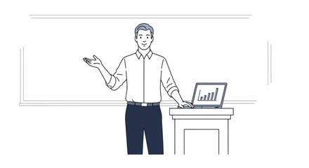 Business Presentation Illustration Featuring a Man Explaining Data on a Laptop Screen, Suitable for Presentations, Training Materials, and Corporate Communications