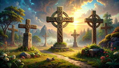 Scenic Cemetery with Celtic Crosses and Beautiful Landscape under Dramatic Sky