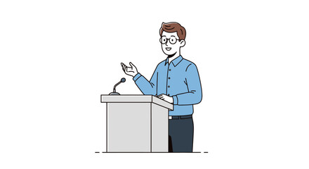 Animated Male Speaker Delivering a Lecture or Speech, Ideal for Presentations, Educational Content, or Business Communication in a Minimalist Style for Adobe Stock.