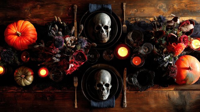 overhead shot of halloween table setting with skull decor dark flowers candles and pumpkins concept for gothic weddings halloween party decorations and macabre themed events