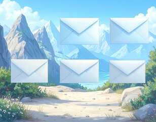 Digital landscape with floating envelopes