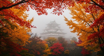 Historic castle framed by vibrant autumn leaves and mist