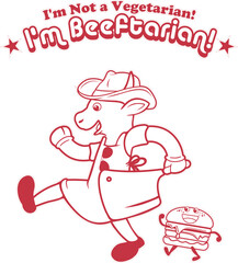 Playful 'I'm Beeftarian' graphic: cartoon cow butcher with cleaver, smiling hamburger, funny meat lover design