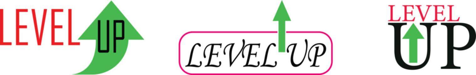 Level UP sign Icon set. Design for logo, icon, game, business, achievement, level up, and celebrating. Level up text with modern ornament and silver gradient isolated on white background.