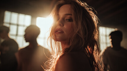 Dancers move together in rhythm with joy and emotion. The atmosphere captures freedom creativity and artistic spirit.