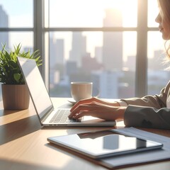Modern office scene with a professional businesswoman typing on laptop. While a digital tablet beside her show a subtle reflection of her hand. Minimalist workspace with a potted plant and coffee mug.