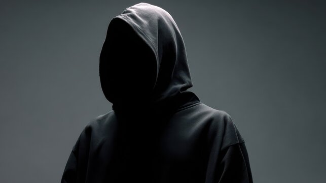 silhouette of mystery a shadowy figure draped in a black hoodie against a muted backdrop casting an air of anonymity and intrigue