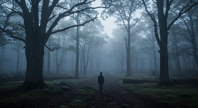 Lone figure on a path in a mysterious, foggy forest. Tall trees and dense mist create an eerie, contemplative atmosphere.
