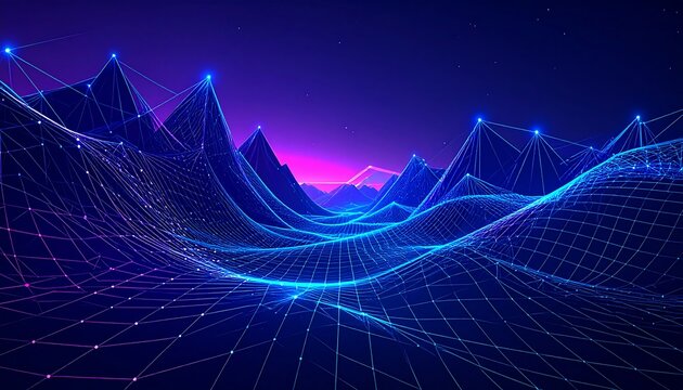 Digital landscape with glowing wireframe mountains