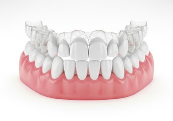 Teeth Model with Clear Aligners on White Background For Medical Concepts