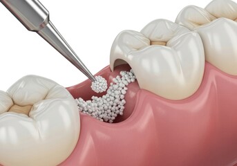 Tooth Bone Grafting Procedure with Metal Tool and Granules in Pink Gum
