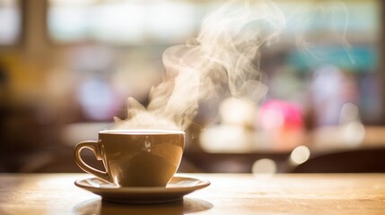 pause. A close-up view of a coffee cup with steam rising, set against a blurred, cozy backdrop. bar promotions, beverage menus, designed for food & beverage menus and cafe branding.