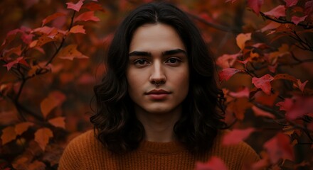 Thoughtful young person with long dark hair, intense gaze, surrounded by vibrant red and orange autumn foliage