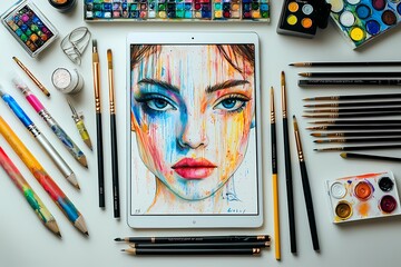 Vibrant watercolor portrait displayed on a tablet surrounded by art supplies showcasing creative process and colorful