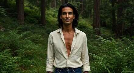 Smiling man with long hair in open shirt standing in lush green forest, looking at camera. Nature connection.