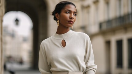 Fototapeta premium Elegant woman stands confidently on the street in stylish attire during a serene morning in a bustling urban setting