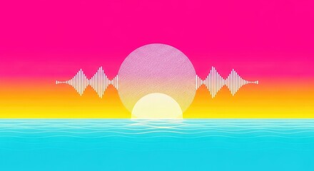 Vaporwave Sunset with Sun, Audio Waveform, and Teal Water 80s Design